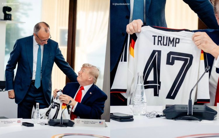 Collage of the G7 handover with Donald Trump and the Germany jersey marked Trump 47.