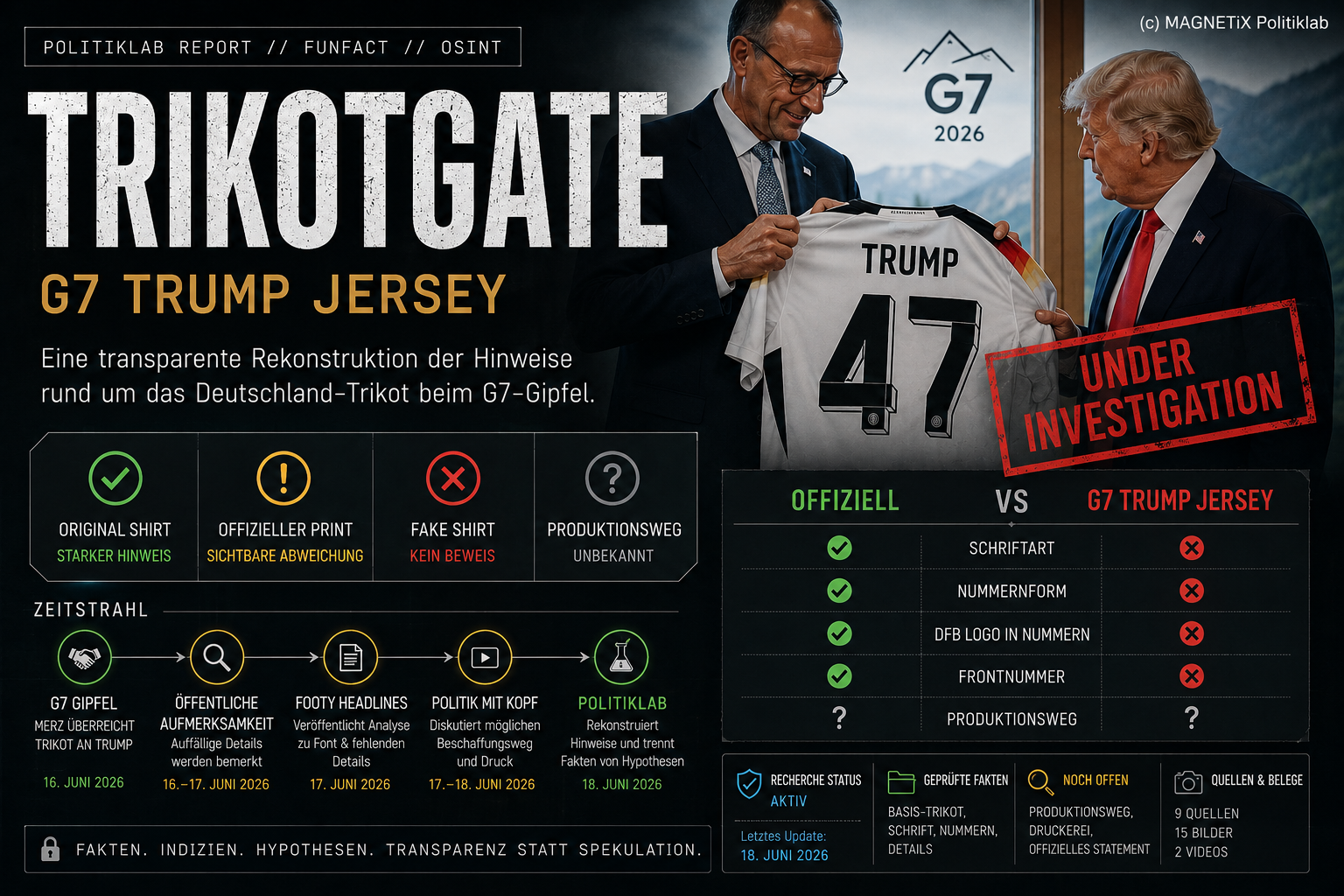 Trikotgate hero with Trump jersey, comparison graphic and DFB reference details.